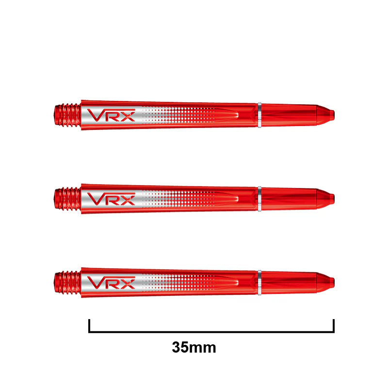 Three red transparent VRX dart shafts in 35mm size, full length view with measurement, isolated on white background