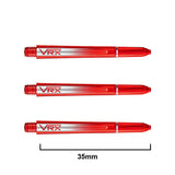 Three red transparent VRX dart shafts in 35mm size, full length view with measurement, isolated on white background
