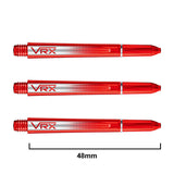 Three red transparent VRX dart shafts aligned horizontally on white background, 48mm length indicated, highlighting texture and thread design