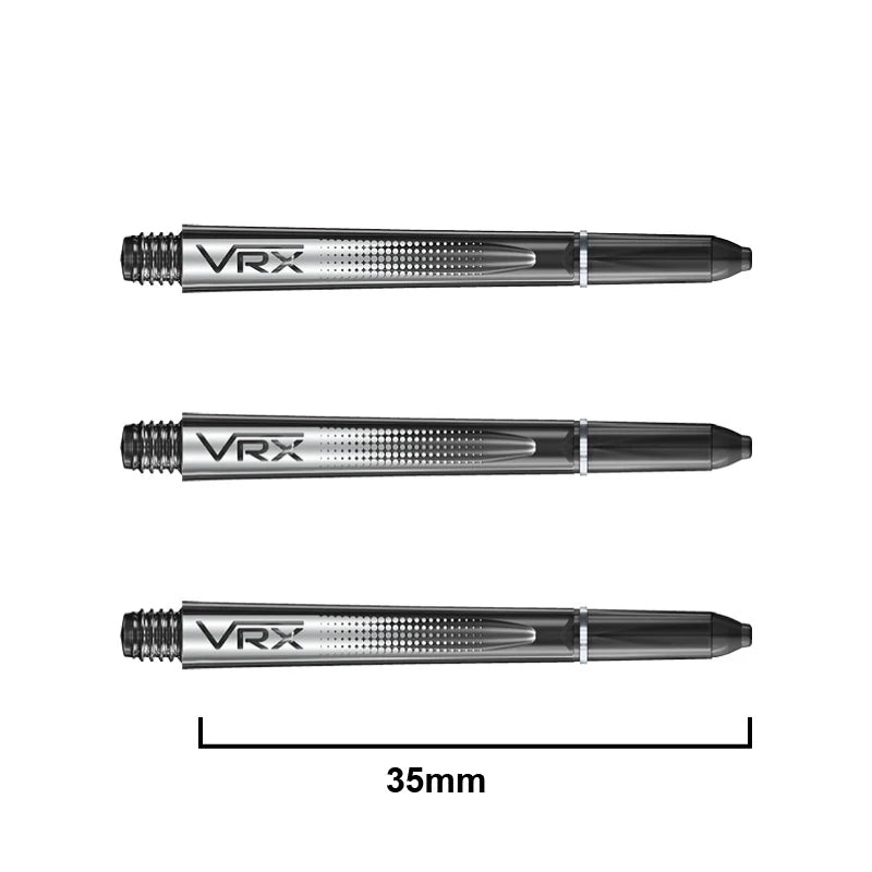 Three transparent VRX dart shafts displayed side by side on white background, 35mm length indicated for precise dart setup