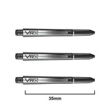Three transparent VRX dart shafts displayed side by side on white background, 35mm length indicated for precise dart setup