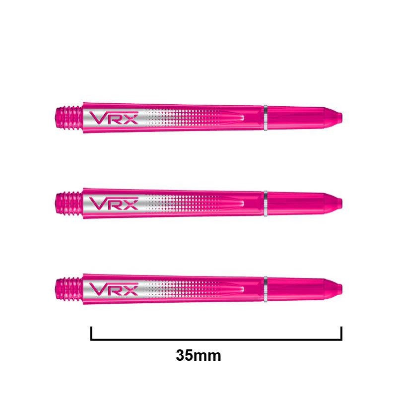 Top-down view of three transparent pink dart shafts with VRX logo, aligned horizontally and 35mm scale shown for size reference.