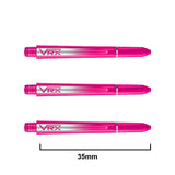 Top-down view of three transparent pink dart shafts with VRX logo, aligned horizontally and 35mm scale shown for size reference.