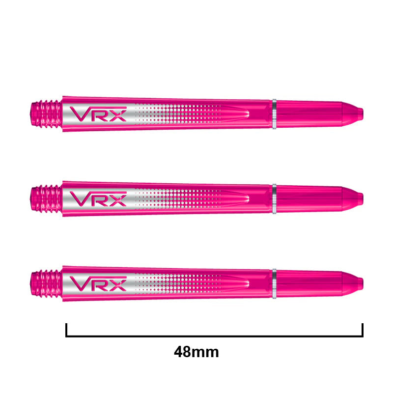 Three pink VRX dart shafts displayed side by side on white background, 48mm length shown, highlighting transparent polymer and silver grip design.