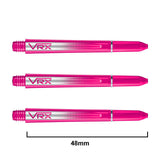 Three pink VRX dart shafts displayed side by side on white background, 48mm length shown, highlighting transparent polymer and silver grip design.