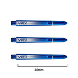 Three blue VRX dart shafts 35mm long displayed horizontally on white background, showcasing transparent polymer design and length scale.