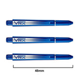 Three blue VRX dart shafts 48mm long, isolated on white, featuring textured grip and measurement for darts accessories