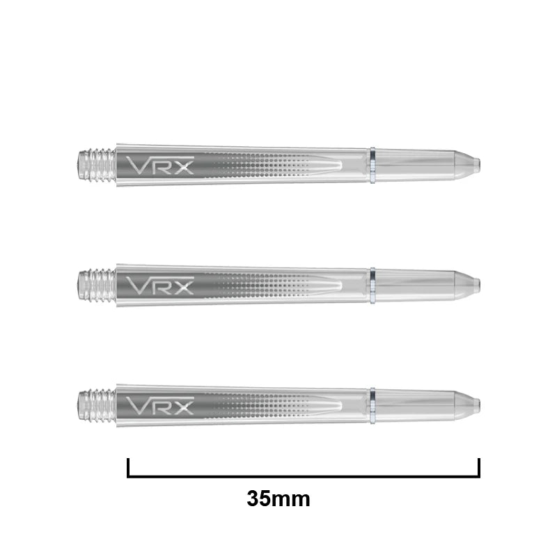 Three clear VRX dart shafts side view, isolated on white background, featuring grip pattern and 35mm length measurement