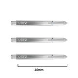 Three clear VRX dart shafts side view, isolated on white background, featuring grip pattern and 35mm length measurement