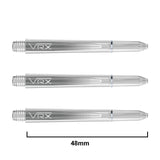 Three clear polycarbonate dart shafts 48mm long, top-down view with textured grip, displayed on white with length measurement
