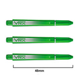 Three green VRX dart shafts 48mm length, side view on white background, showing transparent polymer design and precision thread