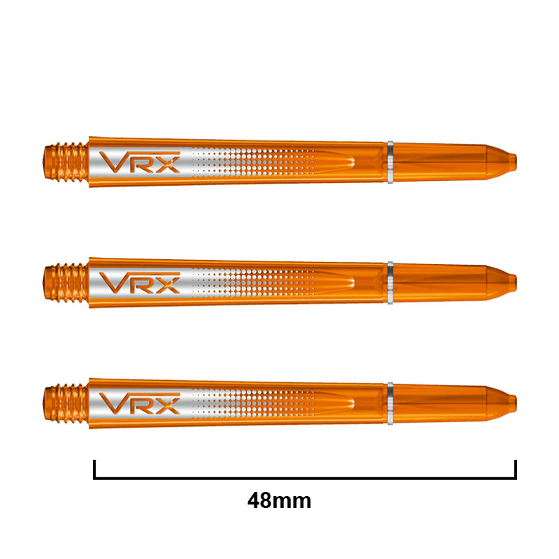 Three transparent orange VRX dart shafts aligned horizontally on white background with 48mm length scale, showcasing grip pattern and threading