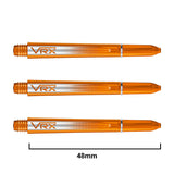 Three transparent orange VRX dart shafts aligned horizontally on white background with 48mm length scale, showcasing grip pattern and threading