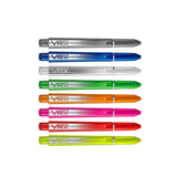 Eight VRX dart shafts in assorted colors, full length view on white background, showing textured grip and transparent polymer design