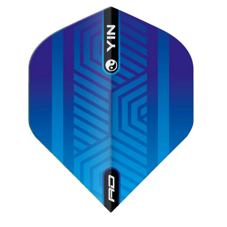 Single blue dart flight No.2 shape with geometric lines and Yin Yang design, full front view on white background