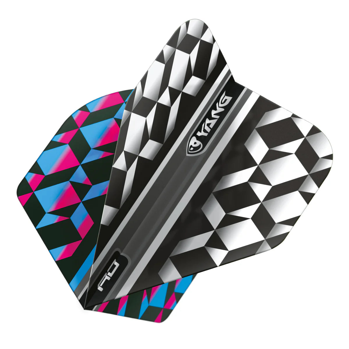 Close-up angled shot of three overlapping No.2 dart flights with geometric black, white, blue, and pink designs, isolated on white background