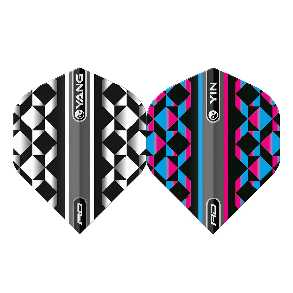 Two No.2 dart flights displayed side by side on white, featuring bold geometric Yin Yang patterns in black, white, blue, and pink.