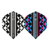 Two No.2 dart flights displayed side by side on white, featuring bold geometric Yin Yang patterns in black, white, blue, and pink.