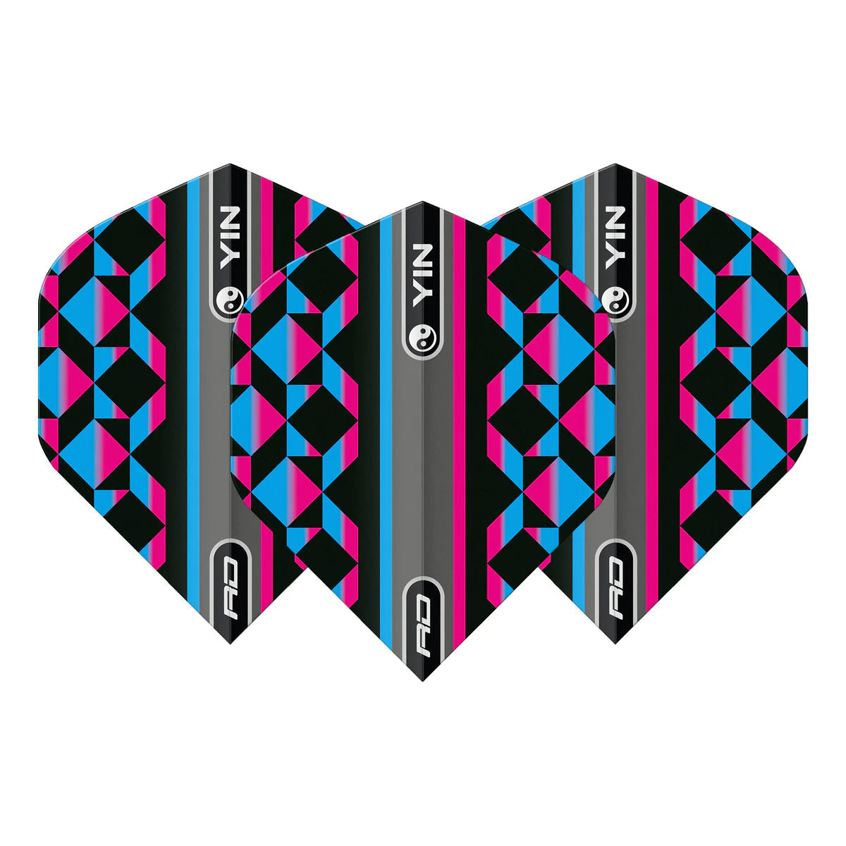 Three No.2 dart flights with blue and pink geometric Yin Yang pattern, full view on white background