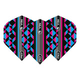 Three No.2 dart flights with blue and pink geometric Yin Yang pattern, full view on white background