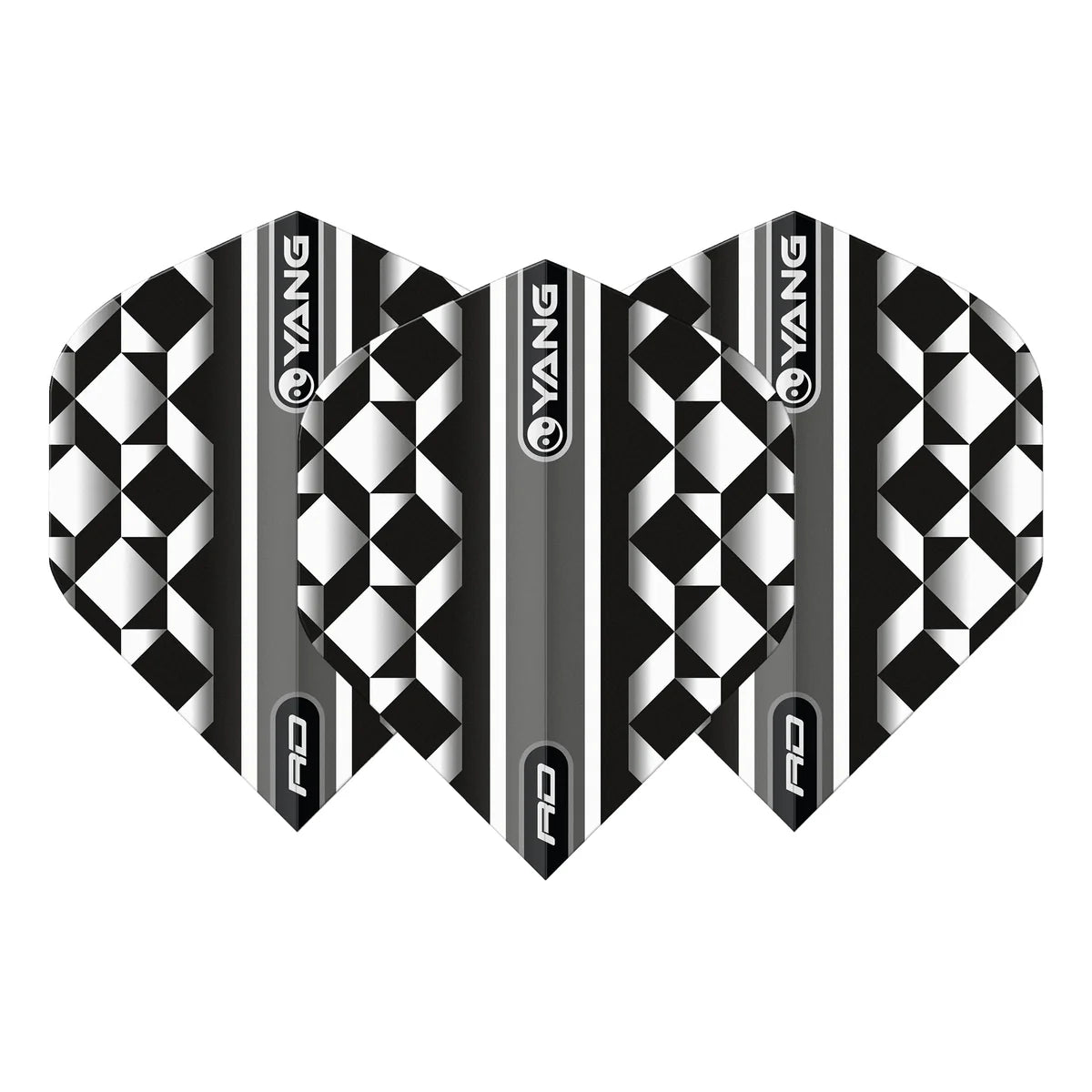 Set of three No.2 dart flights with bold black and white Yin Yang geometric pattern, displayed fan style on white background