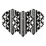 Set of three No.2 dart flights with bold black and white Yin Yang geometric pattern, displayed fan style on white background