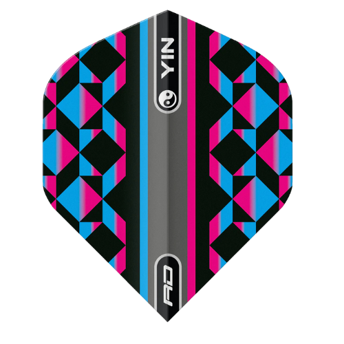 No.2 dart flight with geometric pink and blue pattern, Yin Yang symbol and multi-colour design, full view on white background