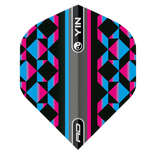 No.2 dart flight with geometric pink and blue pattern, Yin Yang symbol and multi-colour design, full view on white background