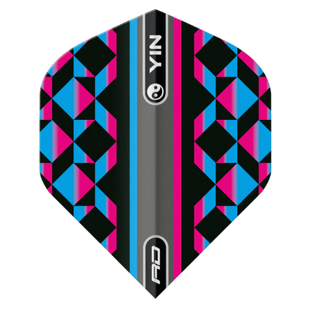 No.2 dart flight with geometric pink and blue pattern, Yin Yang symbol and multi-colour design, full view on white background