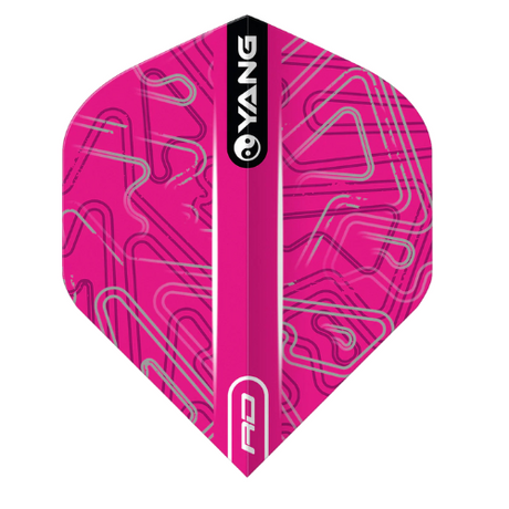 Close-up of pink and black No.2 dart flight isolated on white, showing geometric pattern and full detailed flight design