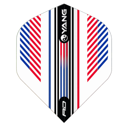 No.2 dart flight full view with red, white, and blue stripes, Yin Yang logo, isolated on white background