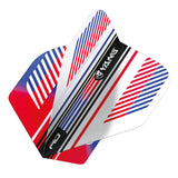 Close-up angled view of two overlapping No.2 dart flights with red, white, blue stripes and Yin Yang detailing, isolated on white