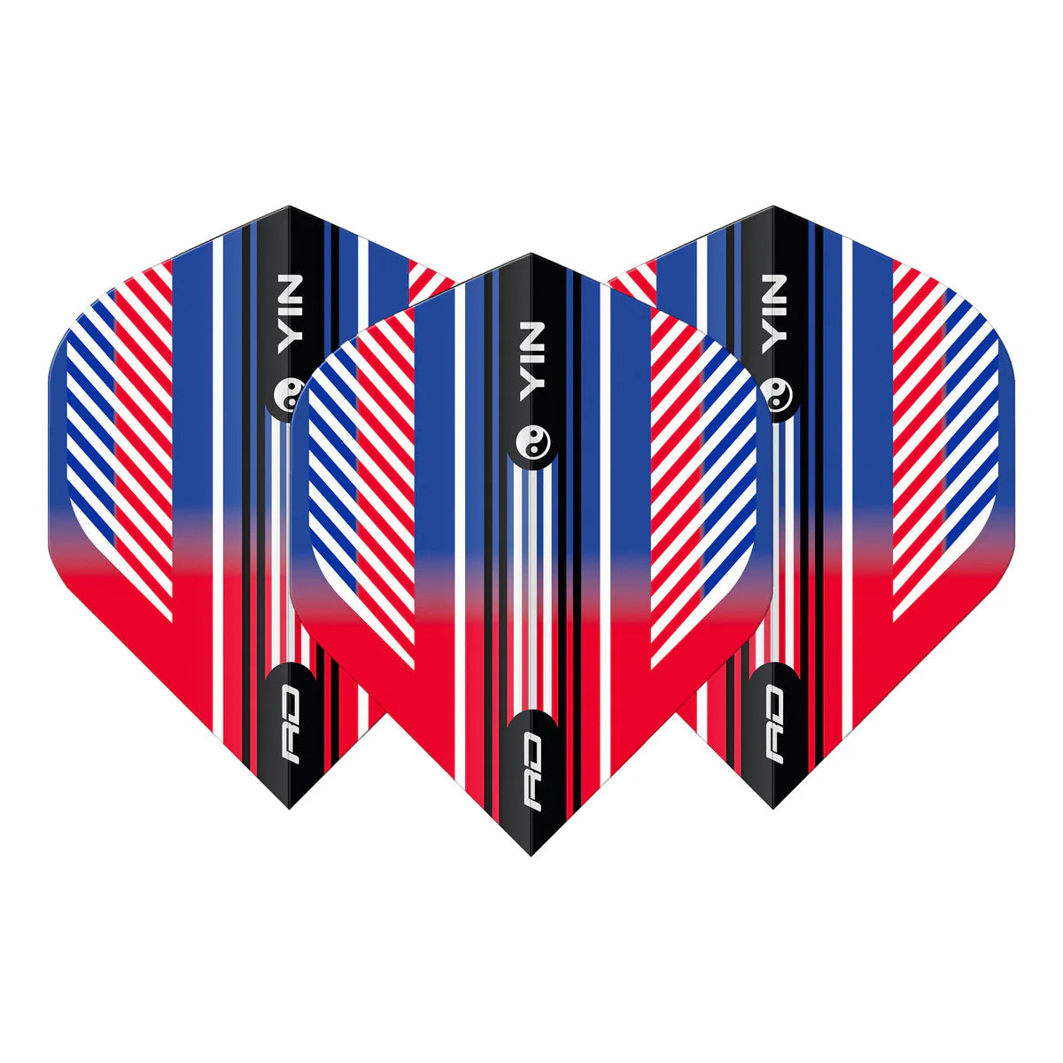 Set of three No.2 dart flights with red, white, and blue Yin Yang pattern, display view on white background for dart accessories