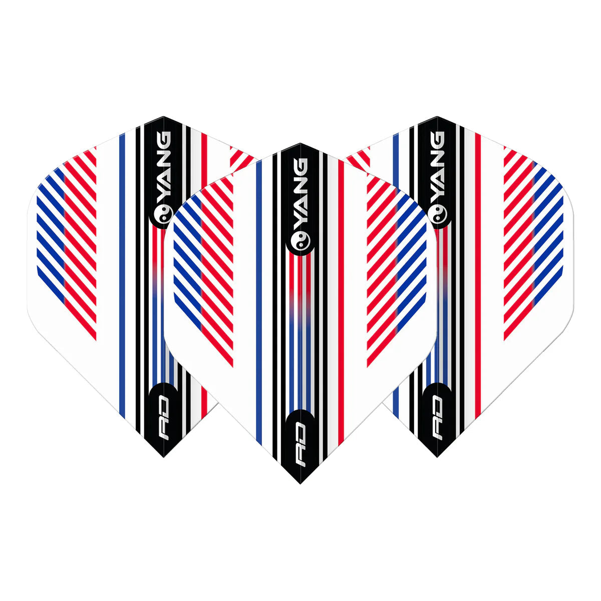 Three No.2 dart flights with red, white, and blue stripes, Yin Yang design, isolated on white background for dart accessories
