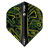 Standard No.2 dart flight with yellow and green circuit pattern, yin yang symbol, isolated front view on white background