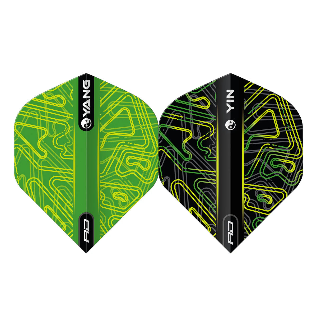 Full view of Yin Yang yellow and green No.2 dart flights with modern line patterns, isolated on white background, highlighting shape and color contrast