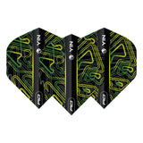 Set of three yellow and green No.2 dart flights with Yin Yang design, geometric patterns, isolated on white for darts equipment buyers