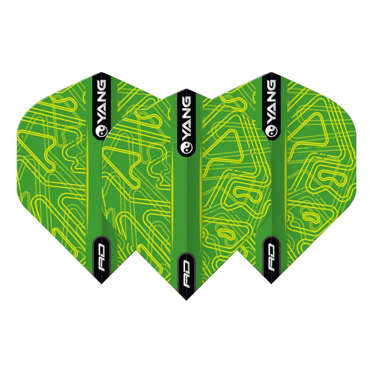 Three green and yellow No.2 dart flights arranged side by side, abstract pattern, isolated on white background, ideal for dart players