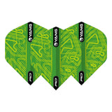 Three green and yellow No.2 dart flights arranged side by side, abstract pattern, isolated on white background, ideal for dart players