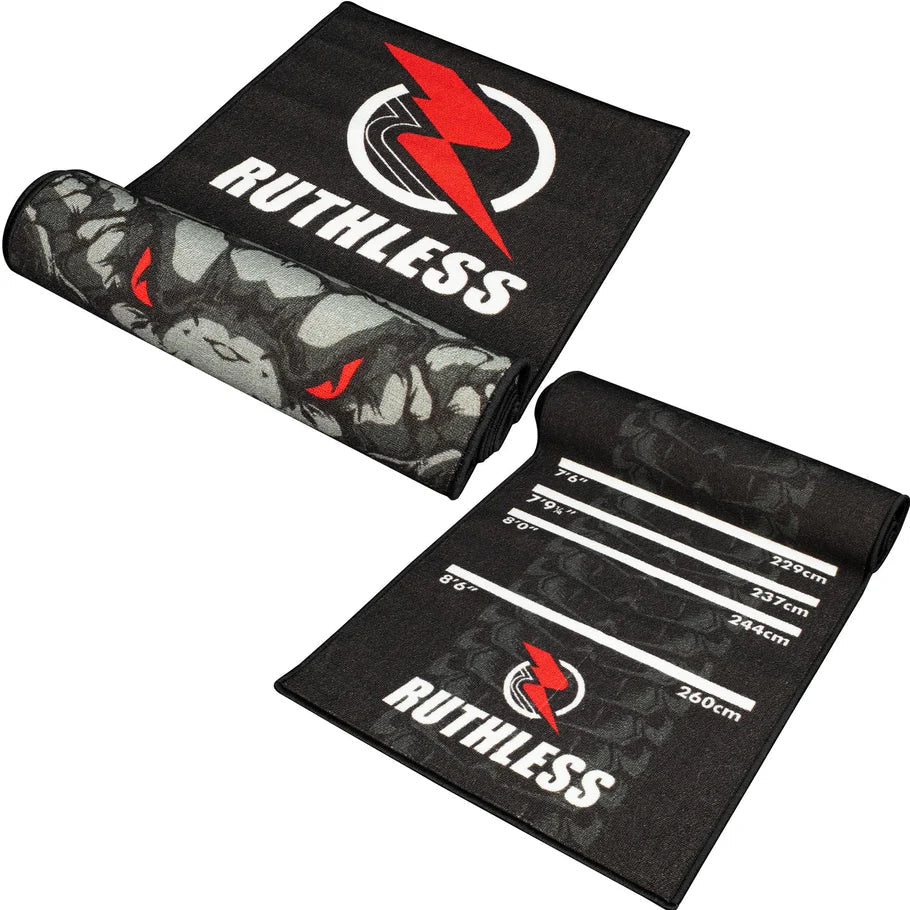 Black and grey cobra dart mat angled view with bold snake graphic, throw line measurements, non-slip backing, isolated for darts setup