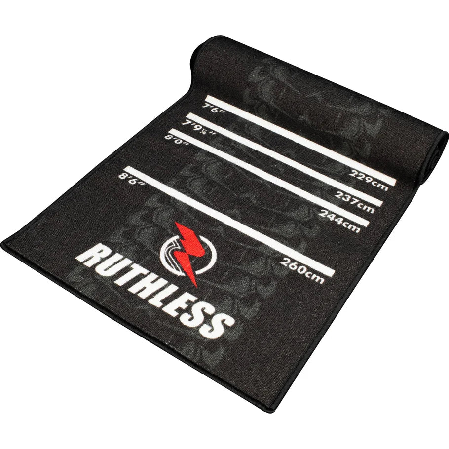 Rolled out dart mat with throw line distances, non-slip backing, black and grey cobra design, ideal for home and tournament use