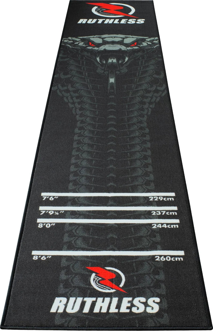 Black and grey cobra dart mat angled view with distance markings, tournament throw lines, and non-slip backing for darts setup