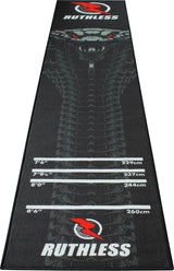 Black and grey cobra dart mat angled view with distance markings, tournament throw lines, and non-slip backing for darts setup