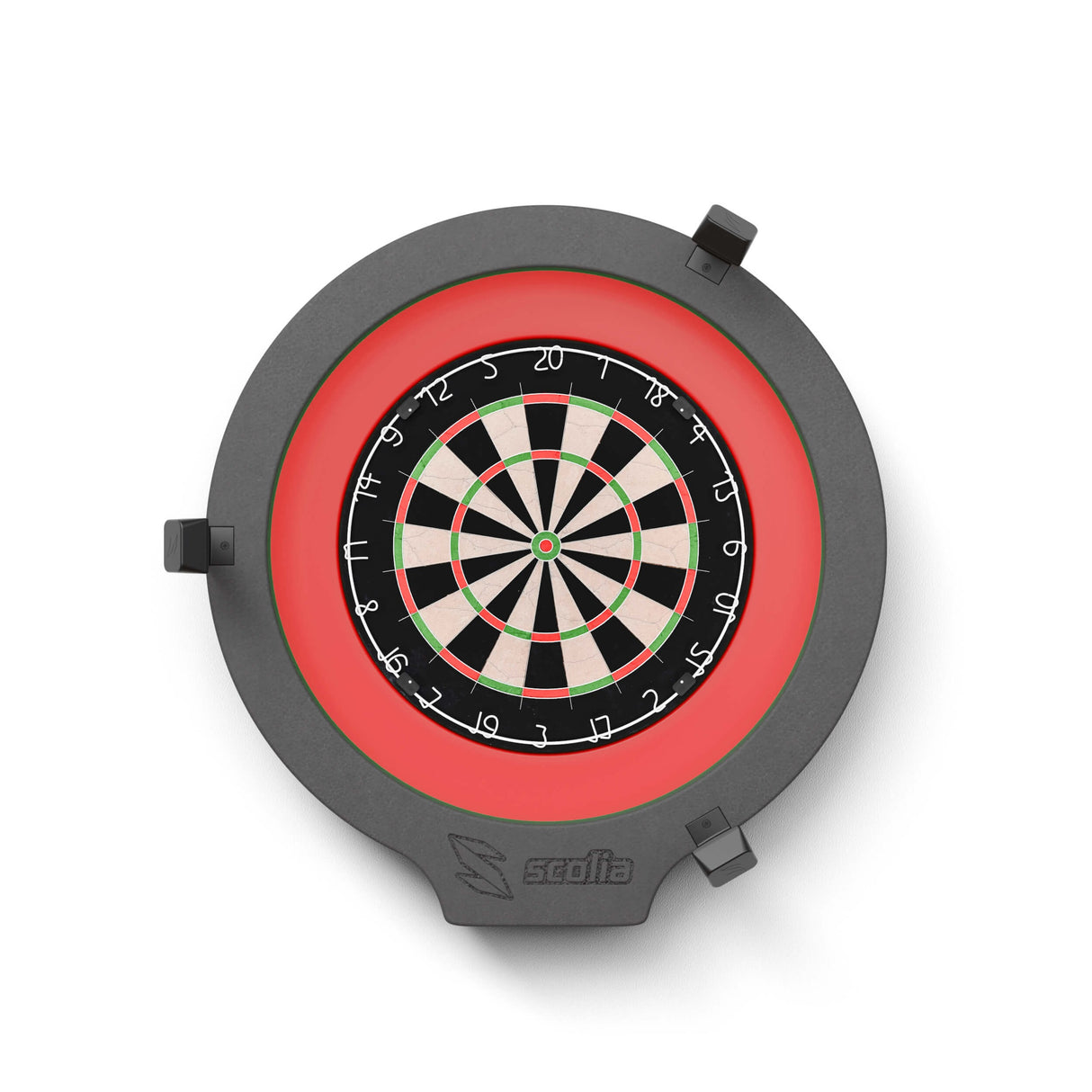 Scolia Home 1 automatic scoring system with the Scolia Spark light ring lit red around a dartboard
