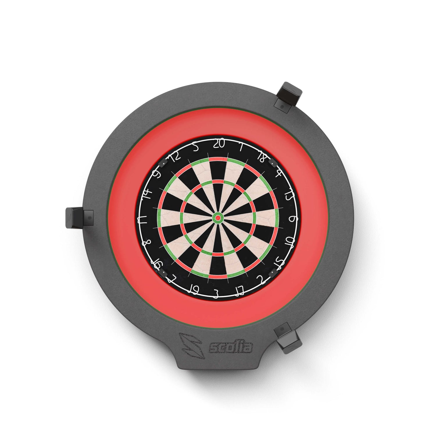 Scolia Home 1 Flex automatic scoring system with the Scolia Spark light ring lit red around a dartboard
