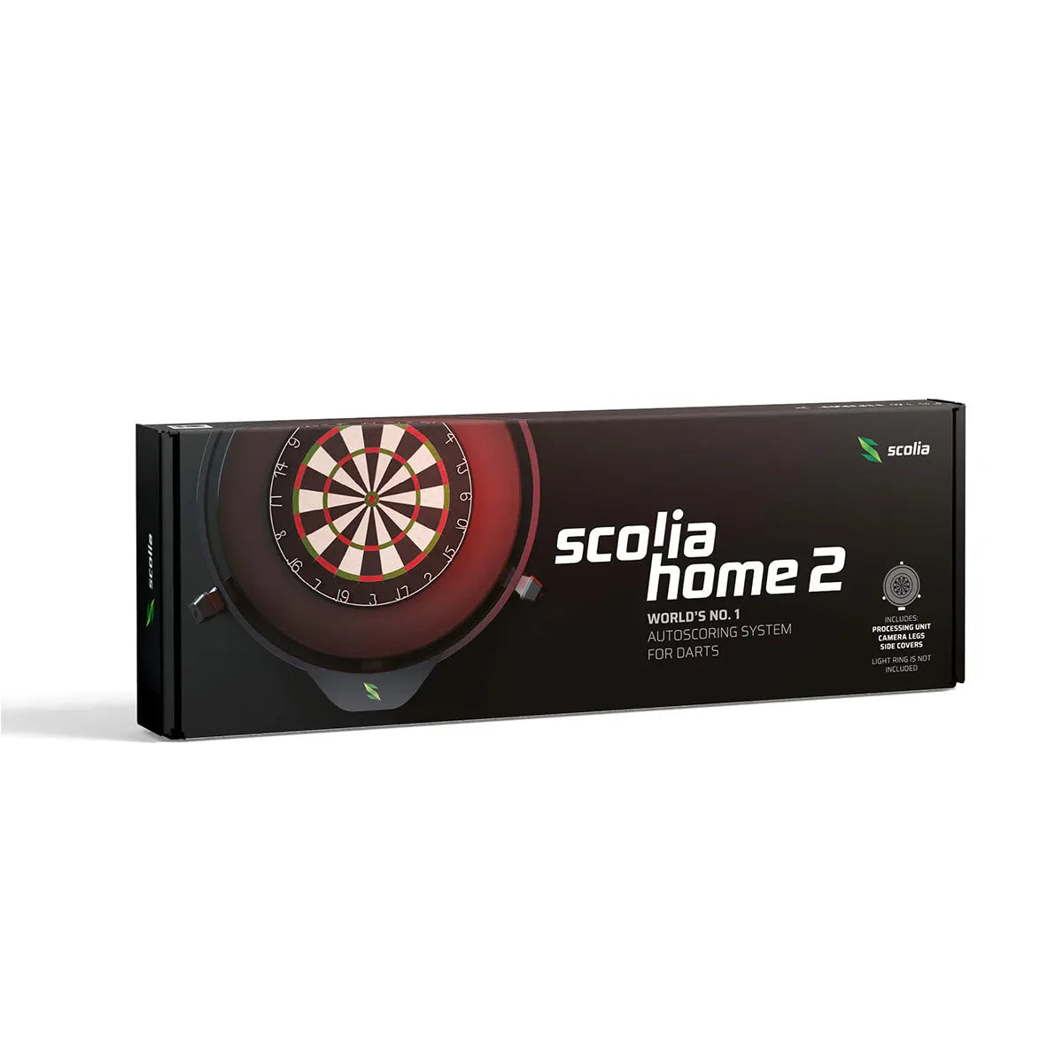 Scolia Home 2 automatic dart scoring system packaging shown at an angle, boxed set isolated on white background