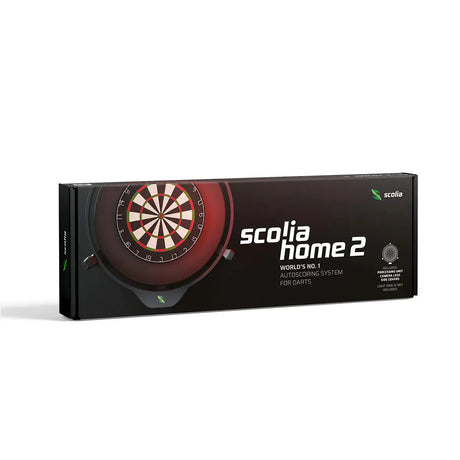 Scolia Home 2 automatic dart scoring system packaging shown at an angle, boxed set isolated on white background
