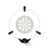 Top-down view of Scolia Home 2 automatic dartboard scoring system sensors arranged on white background around dartboard target area
