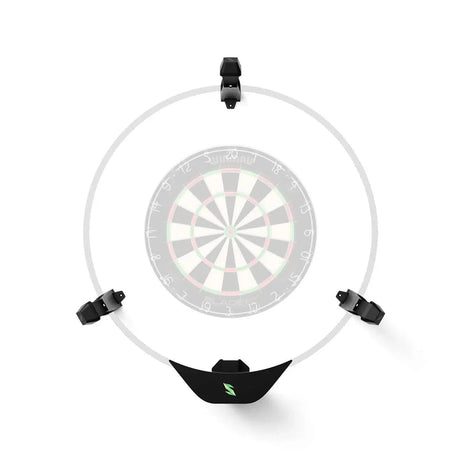 Top-down view of Scolia Home 2 automatic dartboard scoring system sensors arranged on white background around dartboard target area