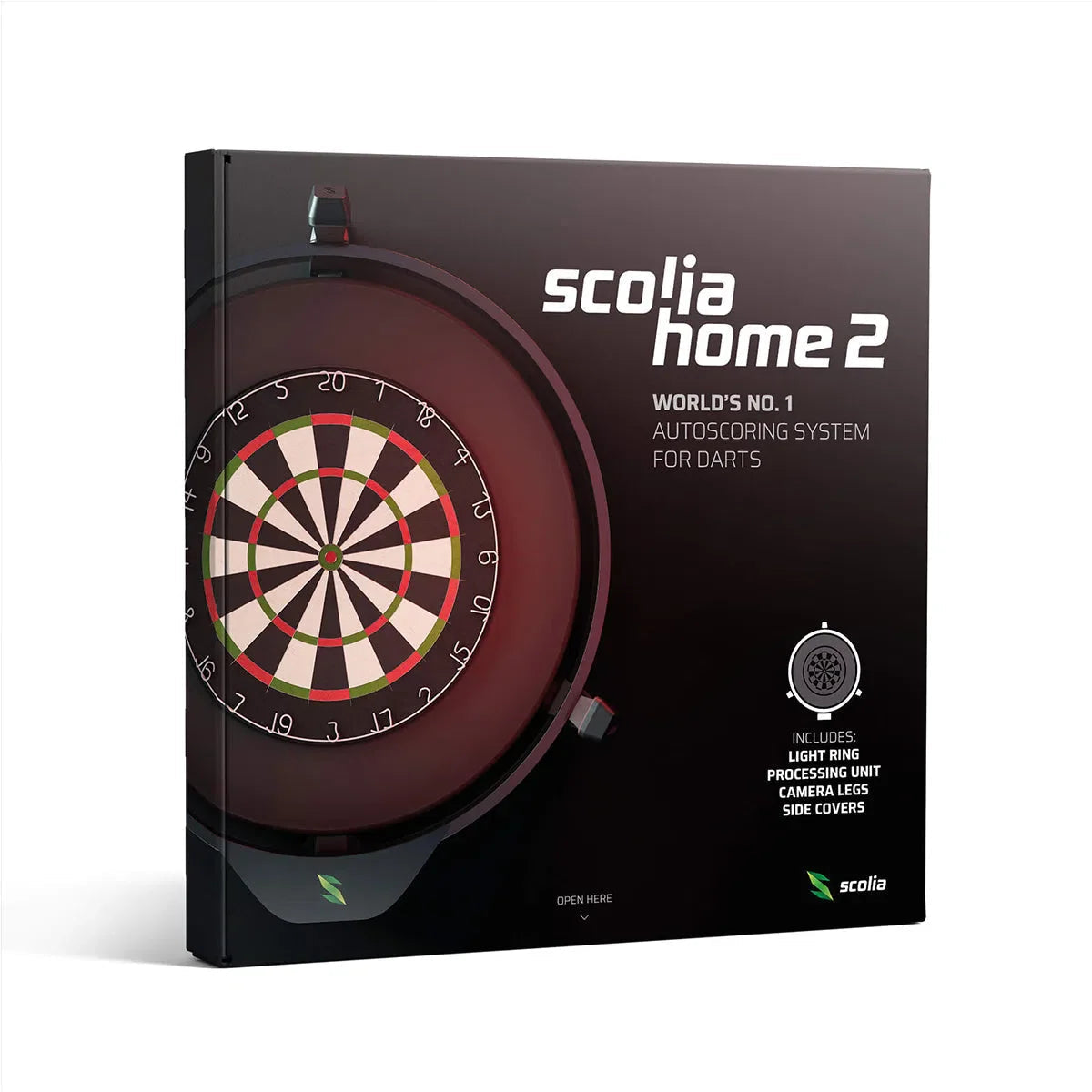 Angled view of Scolia Home 2 automatic dart scoring system retail box with dartboard and light ring design for home setup